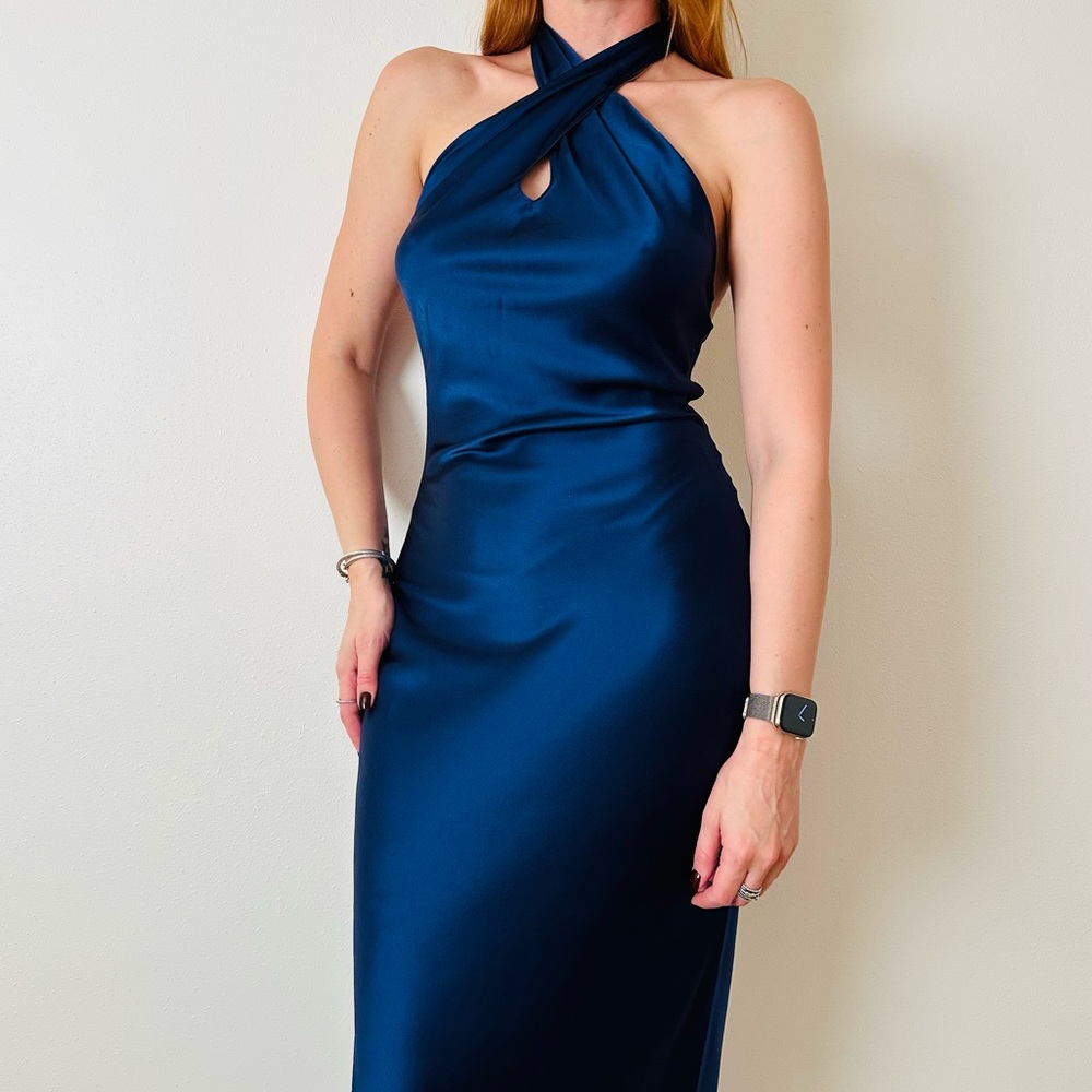 New Amanda Uprichard Jade Silk Dress Navy Maxi Halter Open Back
